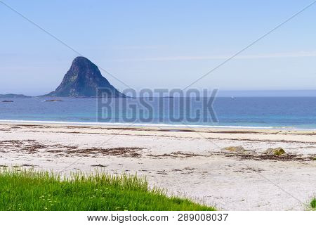 Seascape, Sea Coast With Sandy Beach And Island Bleiksoya In The Distance, Resort Bleik Andoya Norwa