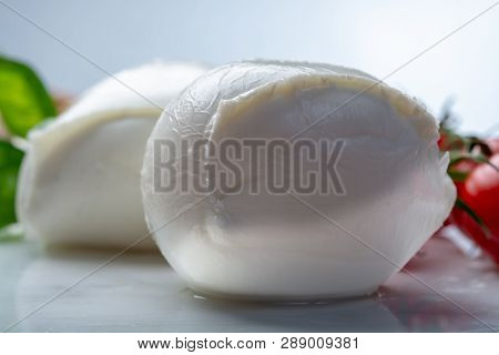 Balls Of Buffalo Mozzarella, Soft Italian Scheese Made From The Milk Of Italian Mediterranean Buffal