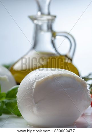 Balls Of Buffalo Mozzarella, Soft Italian Scheese Made From The Milk Of Italian Mediterranean Buffal