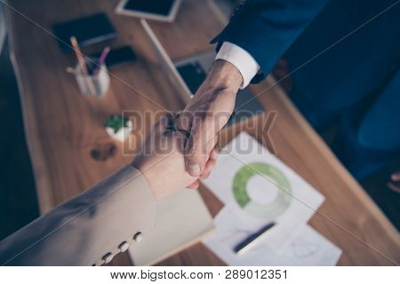 Close Up Top Above High Angle View Photo She Her Business He Him His Achievement Glad People Shake A