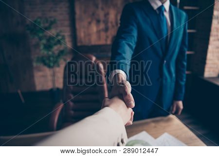 Close Up First Person Photo She Her Business He Him His Achievement Glad People Shake Arms Signature