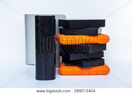 Different Kinds Of External Computer Storage Hard Drives - Isolated On White Background