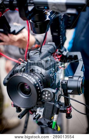 Profeccional Cinema Camera On A 3-axis Camera Stabilizer System On A Commercial Production Set