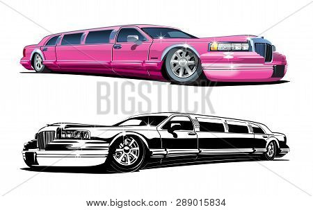 Vector Cartoon Limousines, Colour And Black And White Versions