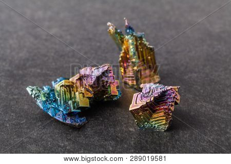 Bismuth Crystals On A Dark Background. This Is The Most Strongly Diamagnetic Element And Also The He