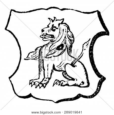 Lion Sejant are French word for sitting, vintage line drawing or engraving illustration.