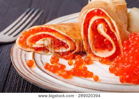 Pancakes With Red Caviar, Carnival In Russiaa