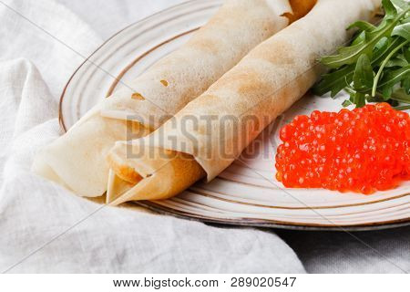 Pancakes With Red Caviar, Carnival In Russiaa