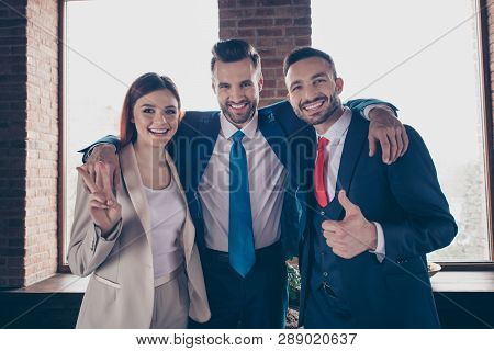 Portrait Of Three Nice Elegant Stylish Beautiful Handsome Cheerful Business Sharks Showing Thumbup V