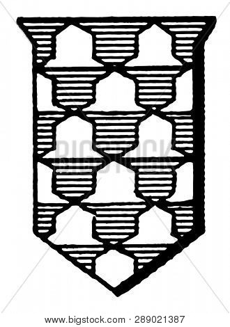 Vair Shield Fur argent silver bell shapes with horizontal lines, vintage line drawing or engraving illustration.