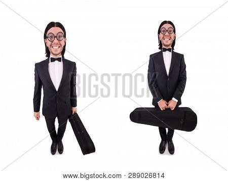 Man with violin case isolated on white