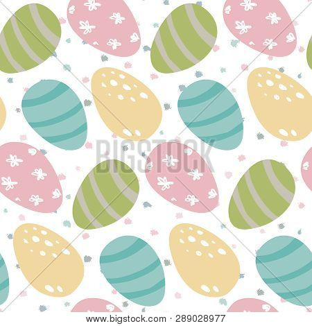 Vector Seamless Pattern With Easter Eggs And Dot Texture.