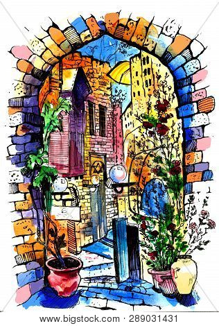 Hand Drawn Of Jaffa In Israel . Watercolor Sketch Illustration . Illustration Of City Street. Waterc