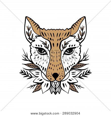 Beautiful Girl Fox Face, Boho Hippie Illustration. Portrait With Ornament. Northen Style, Sticker