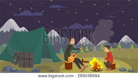 Vector Flat Night Camping In Forest On Background Mountains And Starry Dark Sky. Burning Bonfire Dad
