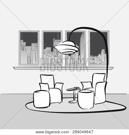 Sketched Interior Lounge Space. Hand Drawn Vector Illustration. Series Of Sketched Business Backgrou