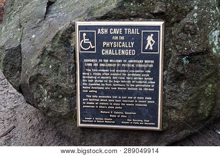 Logan, Ohio, Usa - December 28, 2014: Sign At The Ash Cave Trailhead Declaring The Trail Handicapped