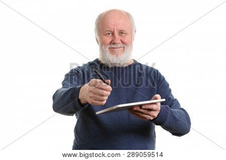 Positive bald and bearded old man invite you to use his tablet computer, isolated on white