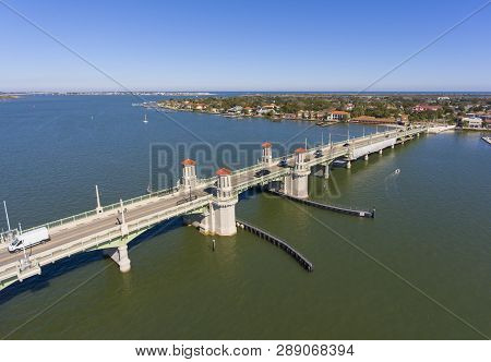 Bridge Of Lions Aerial View Over Matanzas River In St. Augustine, Florida, Usa.