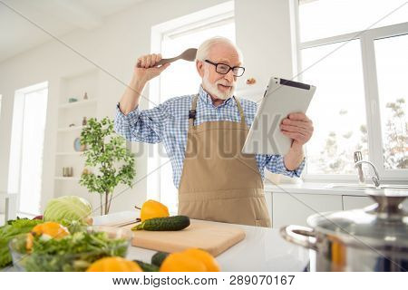 Close Up Photo Grey Haired He His Him Grandpa Hands Arms E-reader Sorry Guilty Face Wrong Ingredient