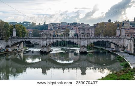 Rome, Italy - November 4, 2018: Ponte (bridge) Vittorio Emanuele Ii A Famous Bridge In Rome Across T