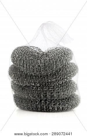 Iron Brush For Washing Dishes. Several Iron Brushes Close-up On A White Background.