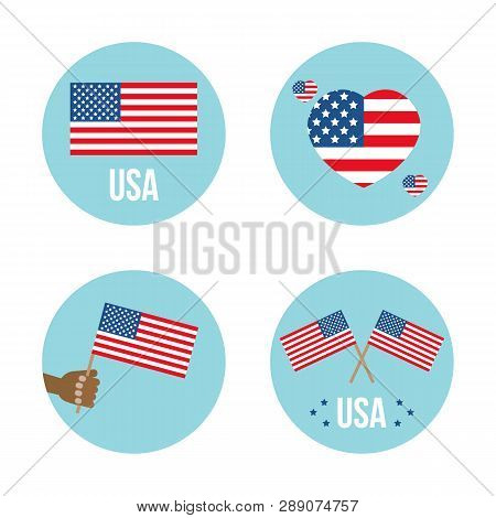 Set, Collection Of Round Icons, Labers Or Stickers With Usa Flags.