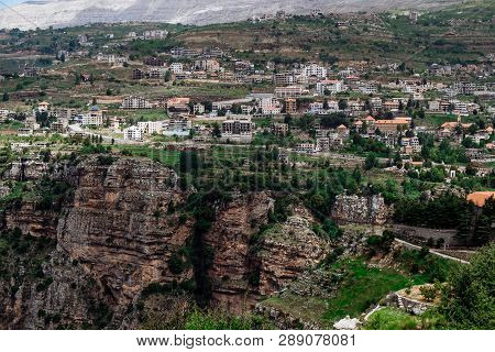 Faraya Valley And Village With Scattered Houses Shot From The Hill. Lebanon