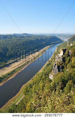 View From The Rock Of The Bastei In The Elbe Sandstone Mountains On The River Elbe Near Rathen