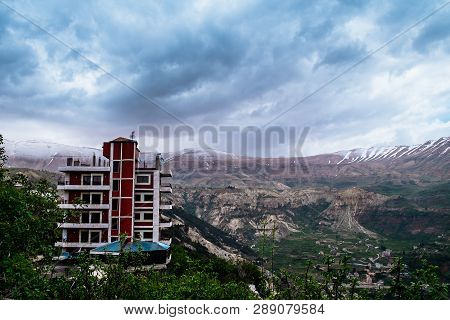 Faraya Valley And Village With Scattered Houses Shot From The Hill. Lebanon