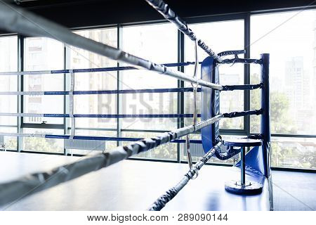Empty Ring Overlooking The Bright Window. The Concept Of The Upcoming Competition. Boxing School Con
