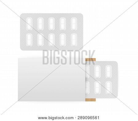 White 3d Blister Pack Of Tablet Isolated On White Background. Vector Stock Illustration.