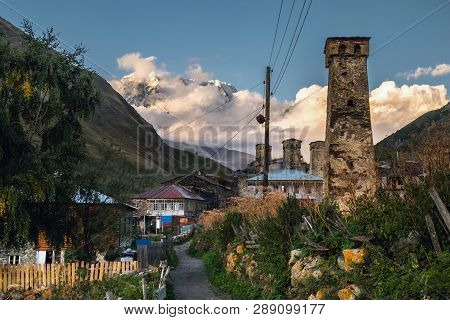 Mountain Landscape With Famous Georgian Village Ushguli In The Sunset Light