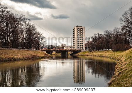 Image - City In Slovakia (nitra) With Nitra River With Bridge On Background - Stormy Weather. Photo