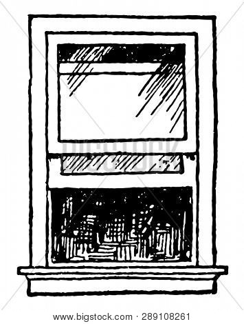 Open Single-hung Sash Window which is move or tilt in bottom is operable and separated from other panes, vintage line drawing or engraving illustration.