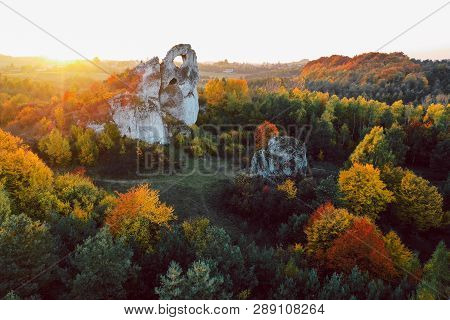 A Panoramic View Of The Unique Okiennik Rock In Poland With A Large Natural Window