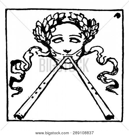 Face with Two Flutes and a crown of olive leaves in this picture, vintage line drawing or engraving illustration.