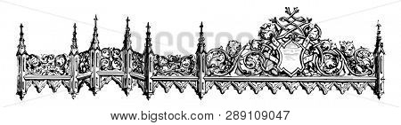 Crosspiece is part of a canopy which extends across or perpendicular piece placed across something transverse, horizontal in piece, vintage line drawing or engraving illustration.