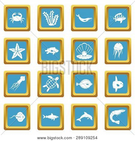 Sea Animals Icons Set In Azur Color Isolated Illustration For Web And Any Design