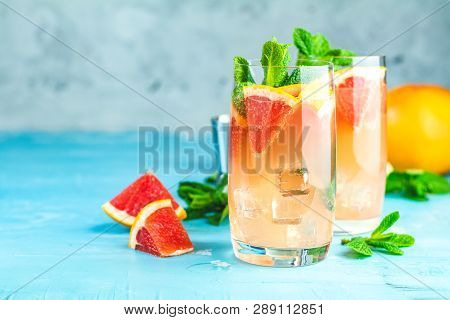 Grapefruit And Mint Gin Tonic Cocktail, Refreshing Drink With Ice. Cold Summer Citrus Refreshing Dri