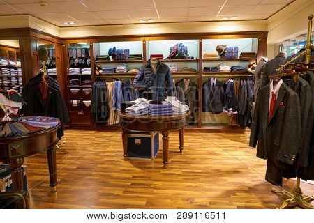 LINATE, ITALY - CIRCA NOVEMBER, 2017: clothing on display at Brooks Brothers shop in Milan Linate Airport.