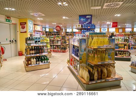 LINATE, ITALY - CIRCA NOVEMBER, 2017: goods on display at Milan Linate Airport.