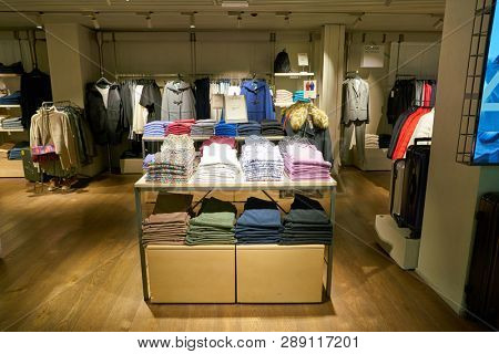 LINATE, ITALY - CIRCA NOVEMBER, 2017: clothing on display at United Colors of Benetton shop in Milan Linate Airport.