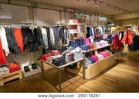 LINATE, ITALY - CIRCA NOVEMBER, 2017: clothing on display at United Colors of Benetton shop in Milan Linate Airport.