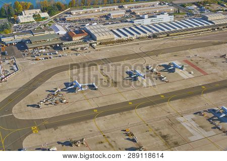 LINATE, ITALY - CIRCA NOVEMBER, 2017: aerial view from aircraft after take-off from Milan Linate Airport.