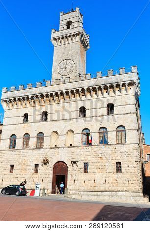 Montepulciano, Italy - June 23, 2017: Communal Palace Tower, Designed By Michelozzo,15th Century. Pr