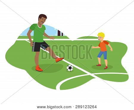 Vector Flat African American Dad Plays Football With Son. Runs Across Field Physical Education Lesso