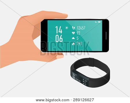 Fitness Bracelet Or Tracker With A Smartphone Isolated On White. Sports Accessories, A Wristband Wit