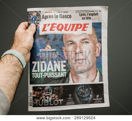 Paris, France - Mar 12, 2019: Square Image Man Pov At French Lequipe Team Sport Newspaper With Zined