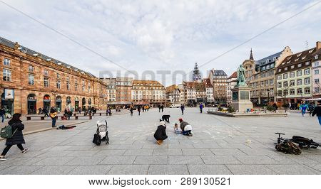Strasbourg, France - Mar 12, 2019: Wide Image Of Central Place Kleber In Strasbourg On A Sunny After